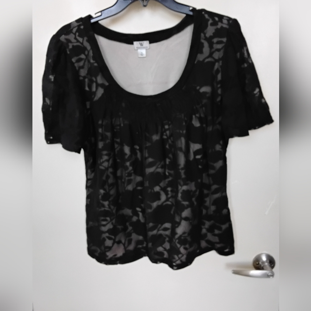 Worthington Black Floral Lace Short Sleeve Scoop Neck Blouse